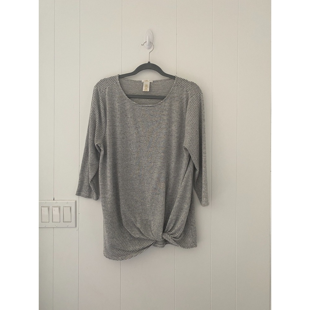 Matty M Women's Grey Striped Classic 3/4 Sleeve Tie Sweater Large